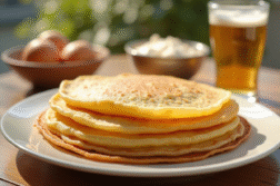 Crêpes dorées empilées sur une assiette blanche avec bière et pâte à côté