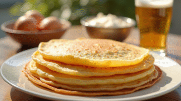 Crêpes dorées empilées sur une assiette blanche avec bière et pâte à côté