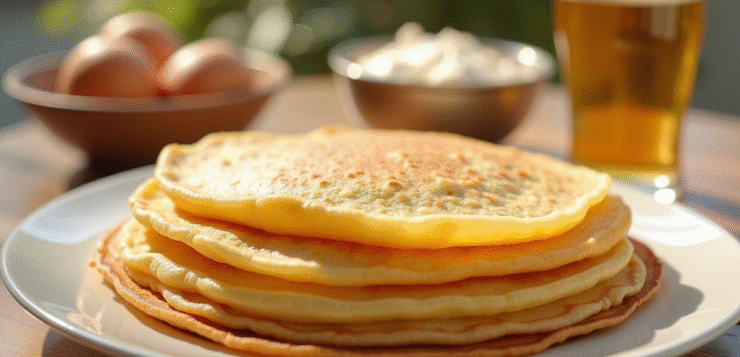 Crêpes dorées empilées sur une assiette blanche avec bière et pâte à côté