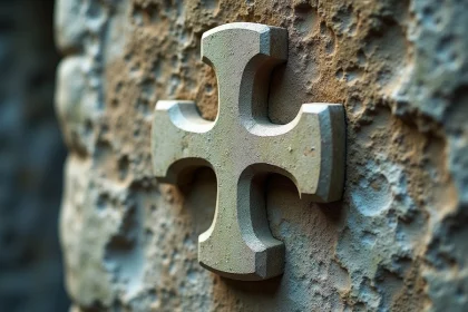 Croix des Templiers en pierre sculptée sur un mur médiéval recouvert de lichen, détail historique d'un château ou d'une chapelle en ruine