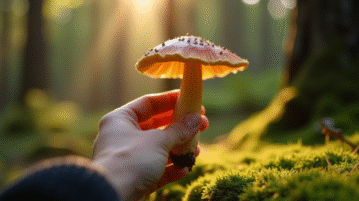 Main tenant une chanterelle dans la forêt ensoleillée