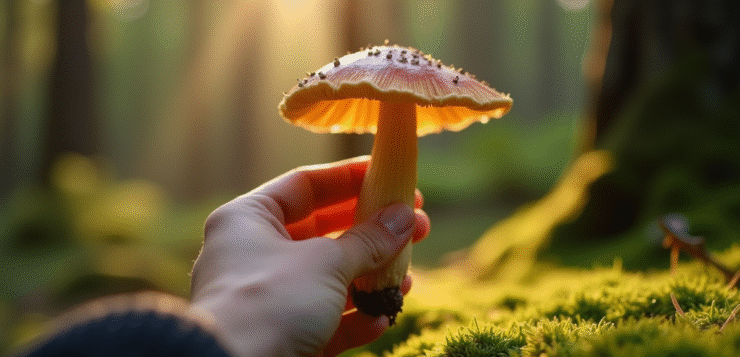 Les bienfaits surprenants de la chanterelle trompette Main tenant une chanterelle dans la forêt ensoleillée
