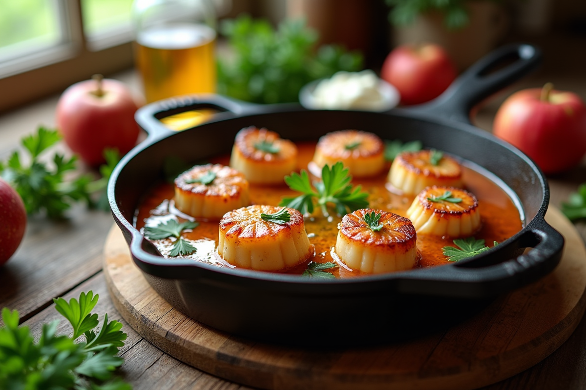Scallops à la Normande en cocotte avec ingrédients frais