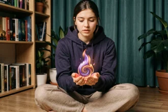 Débutante en méga évolution flamme fantasmagorique tenant une orbe lumineuse dans un appartement cosy