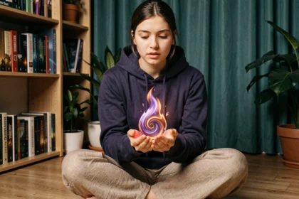 Débutante en méga évolution flamme fantasmagorique tenant une orbe lumineuse dans un appartement cosy