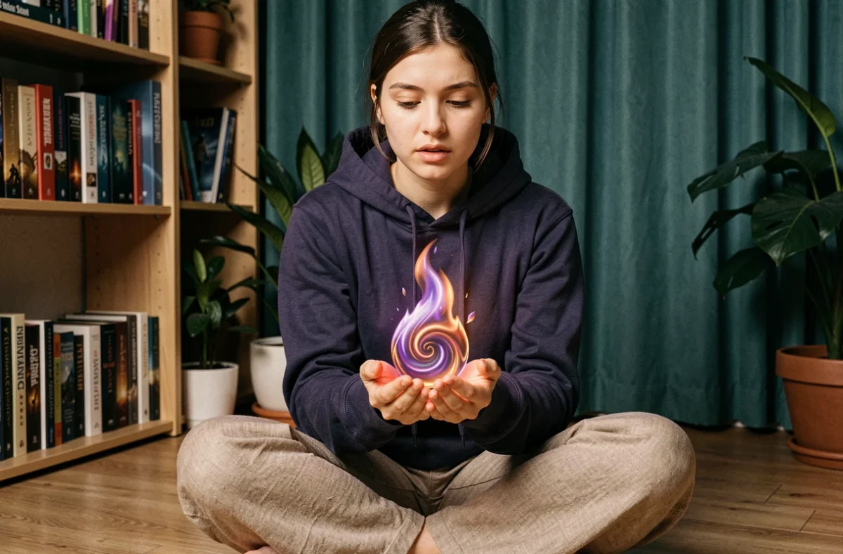 Débutante en méga évolution flamme fantasmagorique tenant une orbe lumineuse dans un appartement cosy