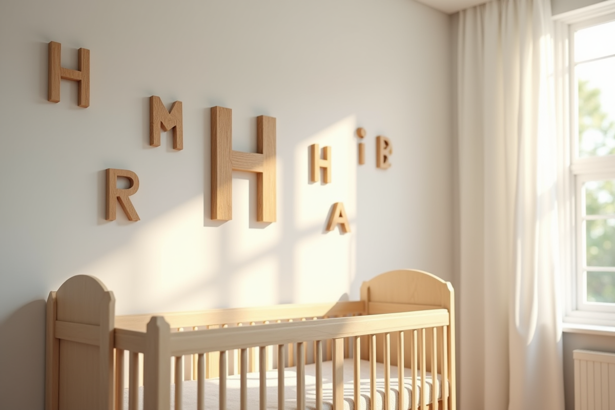 Mur de chambre de bébé avec lettres en bois H et berceau