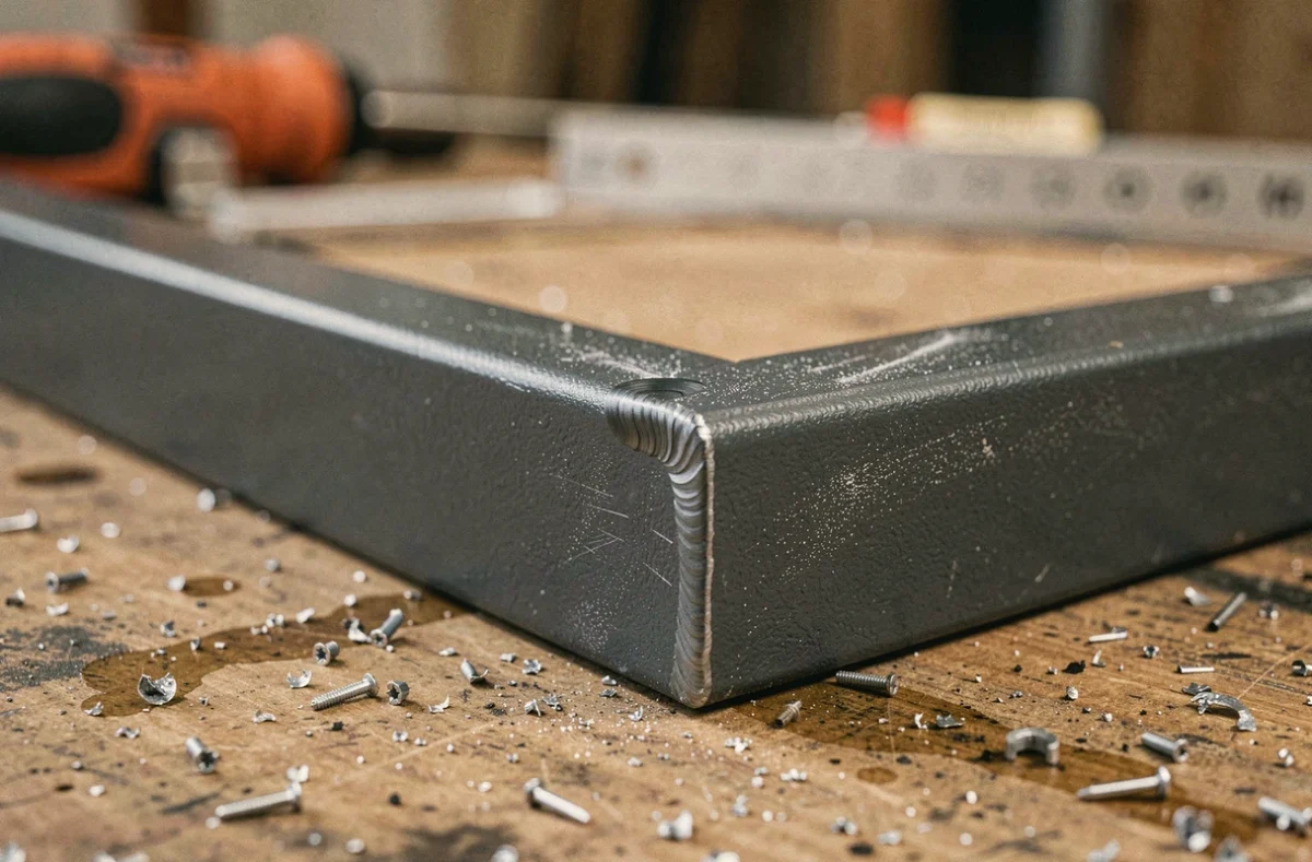 Détail de soudure sur un tube rectangulaire en aluminium anthracite utilisé pour la fabrication d'une clôture