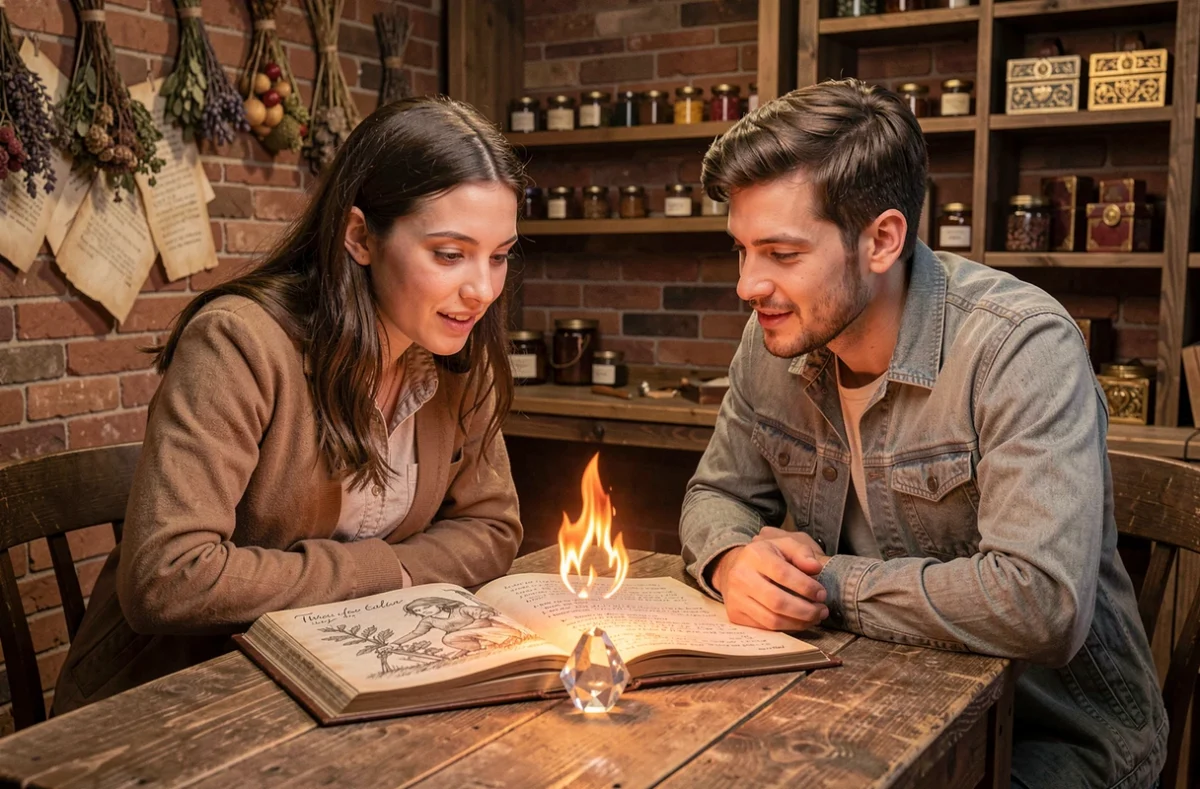 Deux débutants étudiant ensemble la méga évolution flamme fantasmagorique dans un atelier artisanal