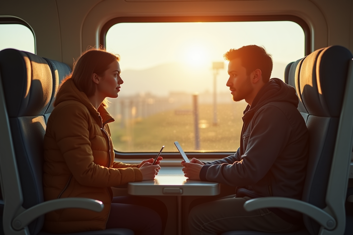 Deux jeunes discutant dans un TGV ensoleille