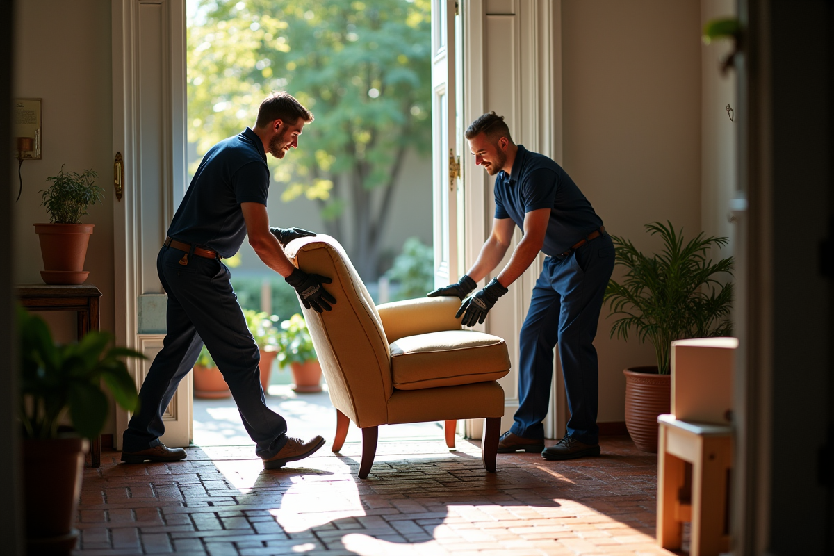 Deux ouvriers portant un fauteuil vintage devant la maison