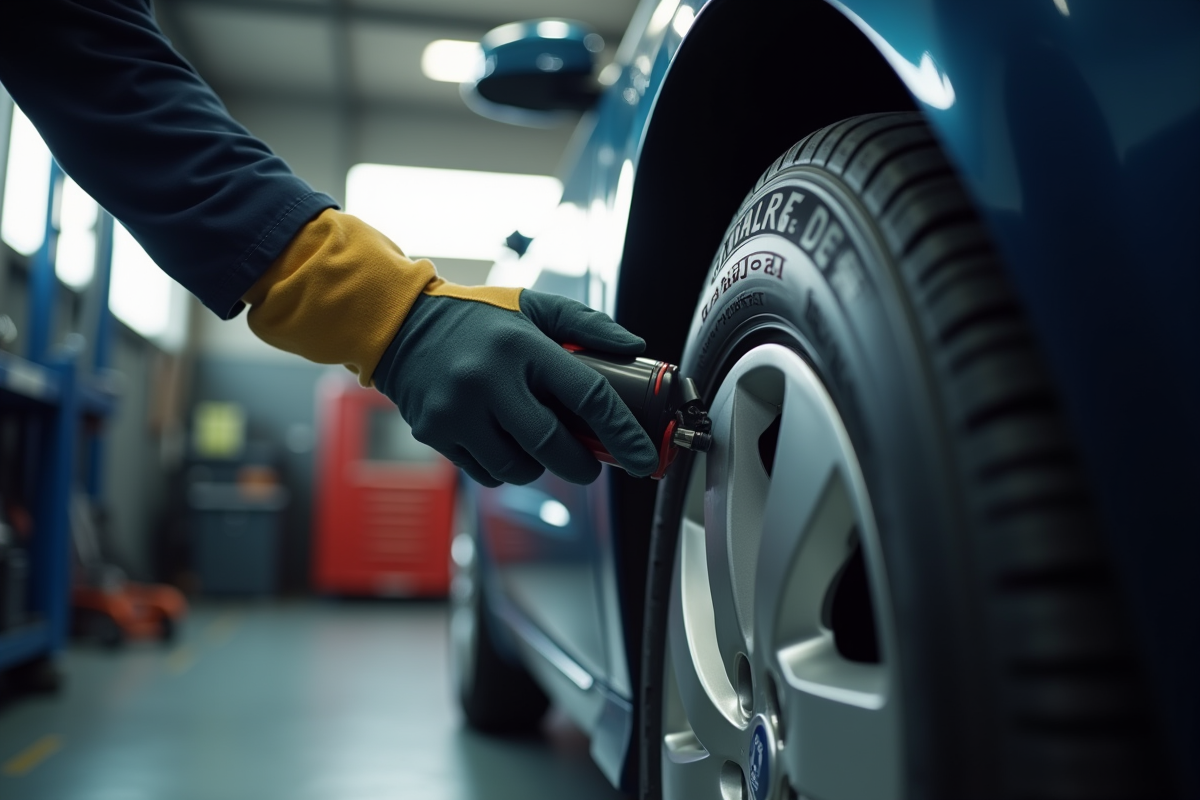 Mecanicien attachant un outil de diagnostic au pneu de la voiture
