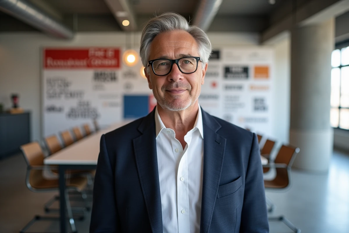 Directeur créatif présentant un moodboard de branding avec typographies serif et sans-serif dans une agence moderne