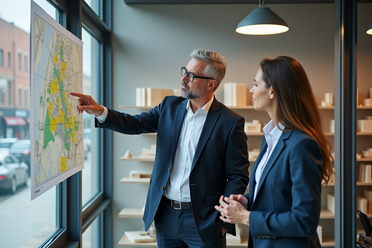 Trois professionnels discutant devant une carte urbaine en intérieur