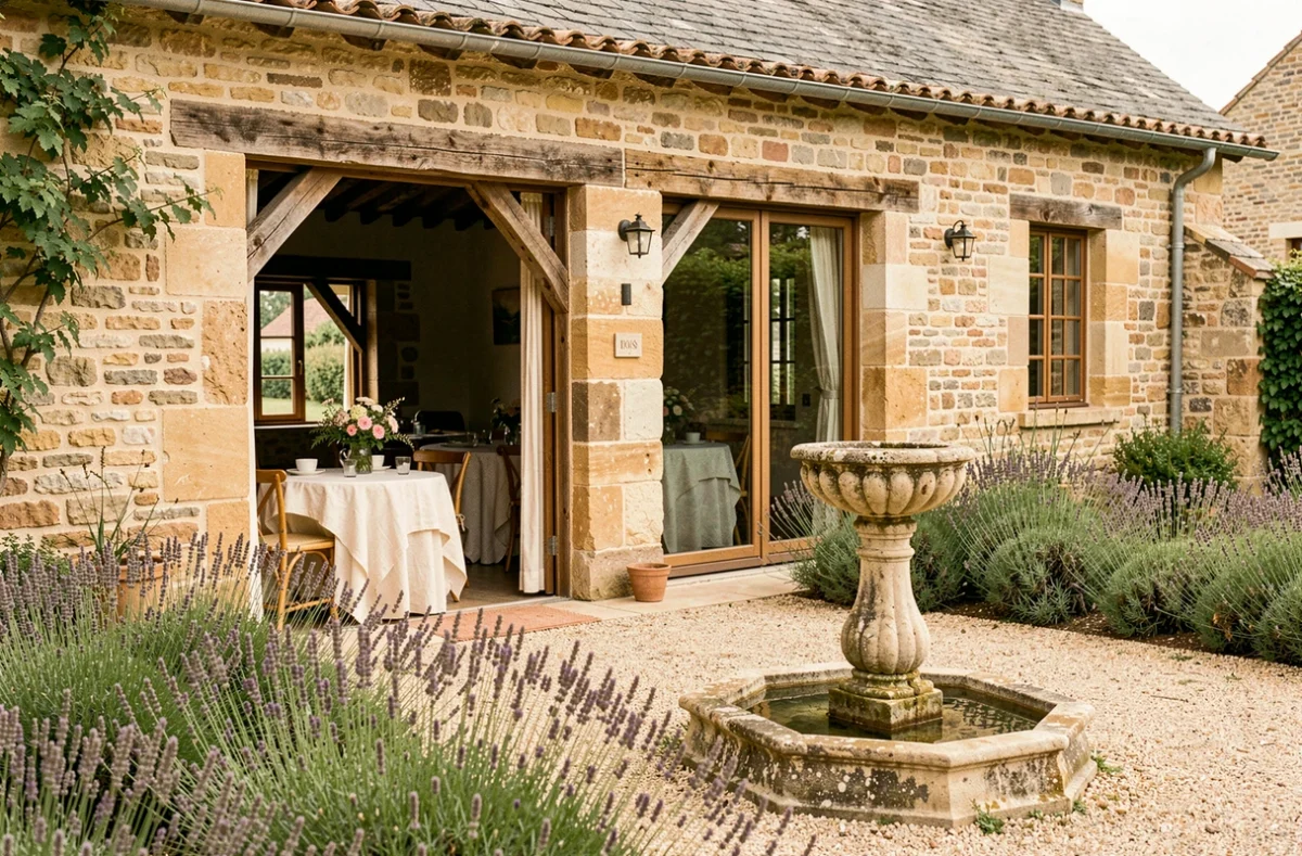 Le Domaine de la Chéraille, bâtisse en pierre rénovée avec terrasse jardin et décoration florale champêtre pour événements