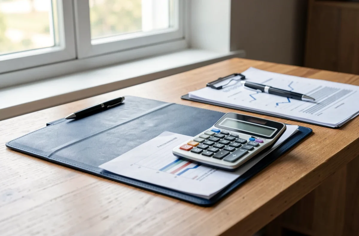 Dossier d'achat immobilier posé avec une calculatrice sur un bureau