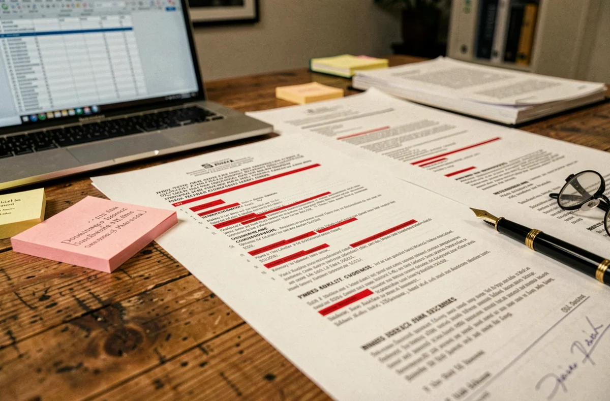 Documents officiels et dossiers ouverts sur un bureau en bois, évoquant une enquête journalistique sur des liens politiques et familiaux troublants