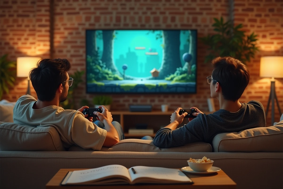 Deux amis jouant en coopératif à Split Fiction sur canapé, avec des notes manuscrites sur la durée et les fins cachées du jeu