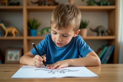 Enfant dessinant un dinosaure sur papier blanc avec un crayon noir à son bureau en bois
