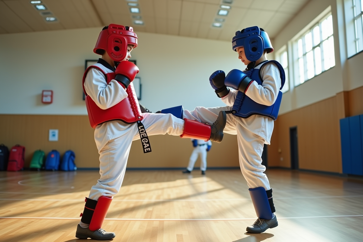 Un adolescent effectuant un coup contrôlé avec un entraîneur dans un gymnase