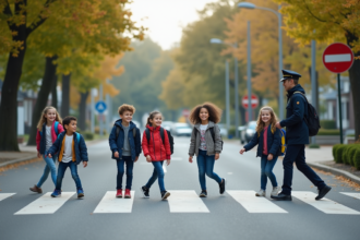 Groupe d'enfants à l'école traversant un passage piétons sous la surveillance d'un agent