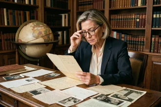 Femme examinant des documents d'archives anciens dans une bibliothèque privée, enquête sur une date de naissance mystérieuse