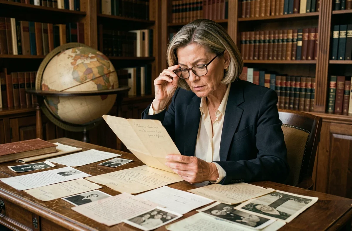 Femme examinant des documents d'archives anciens dans une bibliothèque privée, enquête sur une date de naissance mystérieuse
