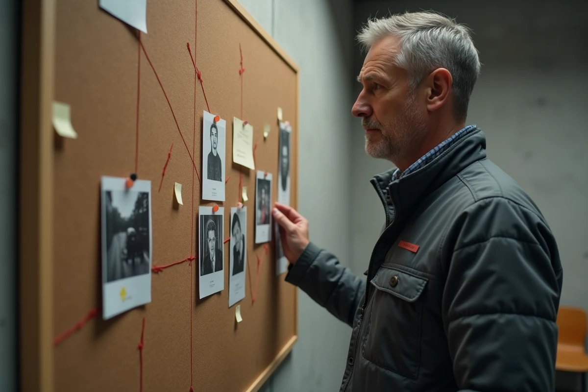 Homme analysant un tableau d'enquête avec des documents reliés révélant des informations cachées sur une identité publique