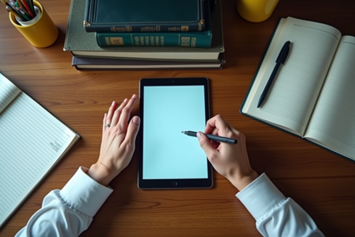 Enseignant utilisant une tablette pour lire des mises à jour éducatives