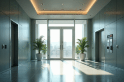 Entrée moderne de bureau avec portes en or et panneau de sécurité