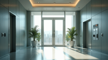 Entrée moderne de bureau avec portes en or et panneau de sécurité