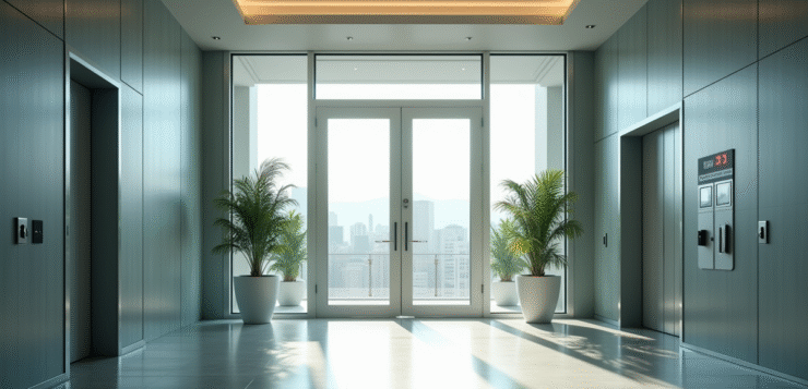Entrée moderne de bureau avec portes en or et panneau de sécurité