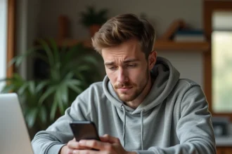 Homme regardant son smartphone d'un air intrigué pour envoyer un SMS anonyme depuis son bureau à domicile