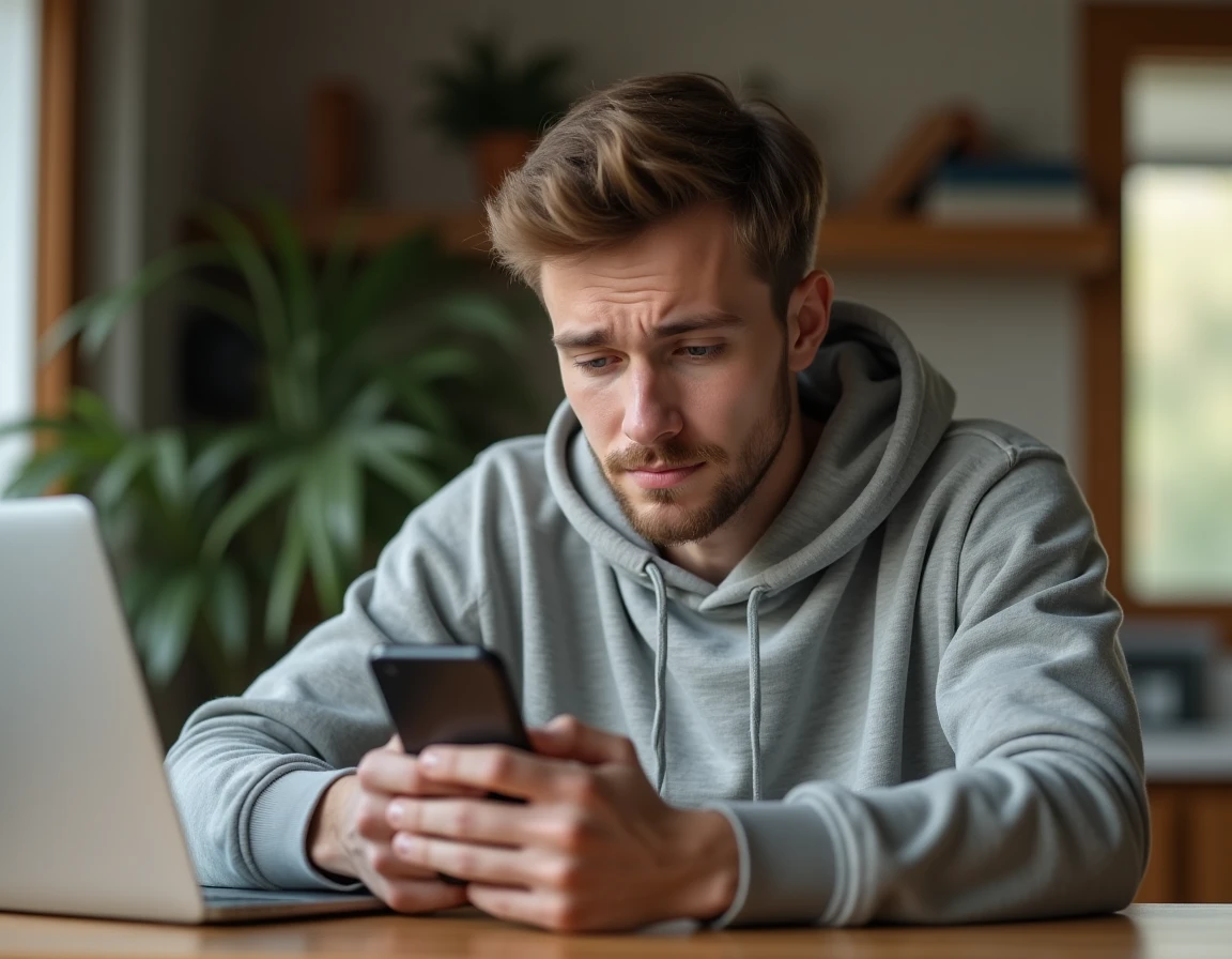 Homme regardant son smartphone d'un air intrigué pour envoyer un SMS anonyme depuis son bureau à domicile