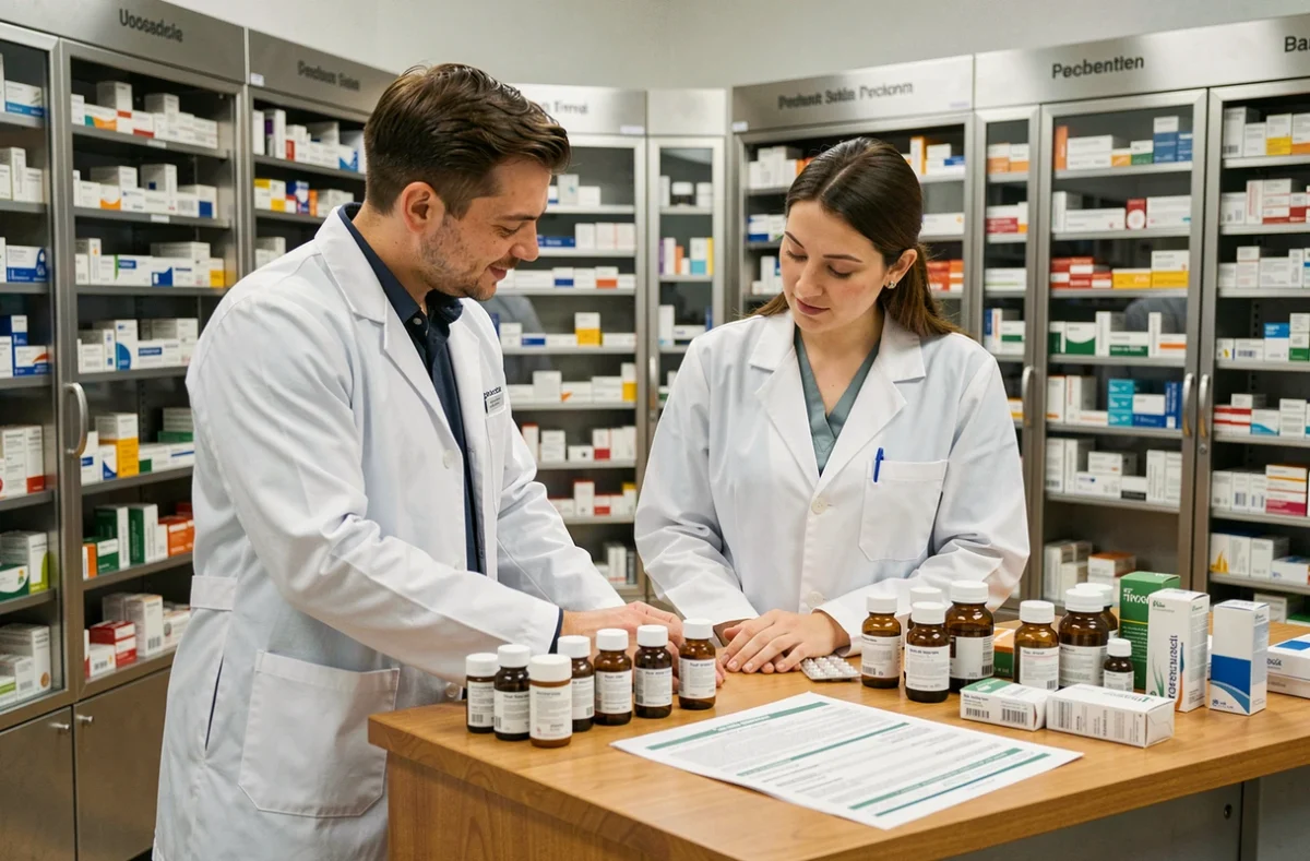 Deux pharmaciens collaborant autour d'une table de préparation avec des ordonnances et des médicaments dans une pharmacie moderne