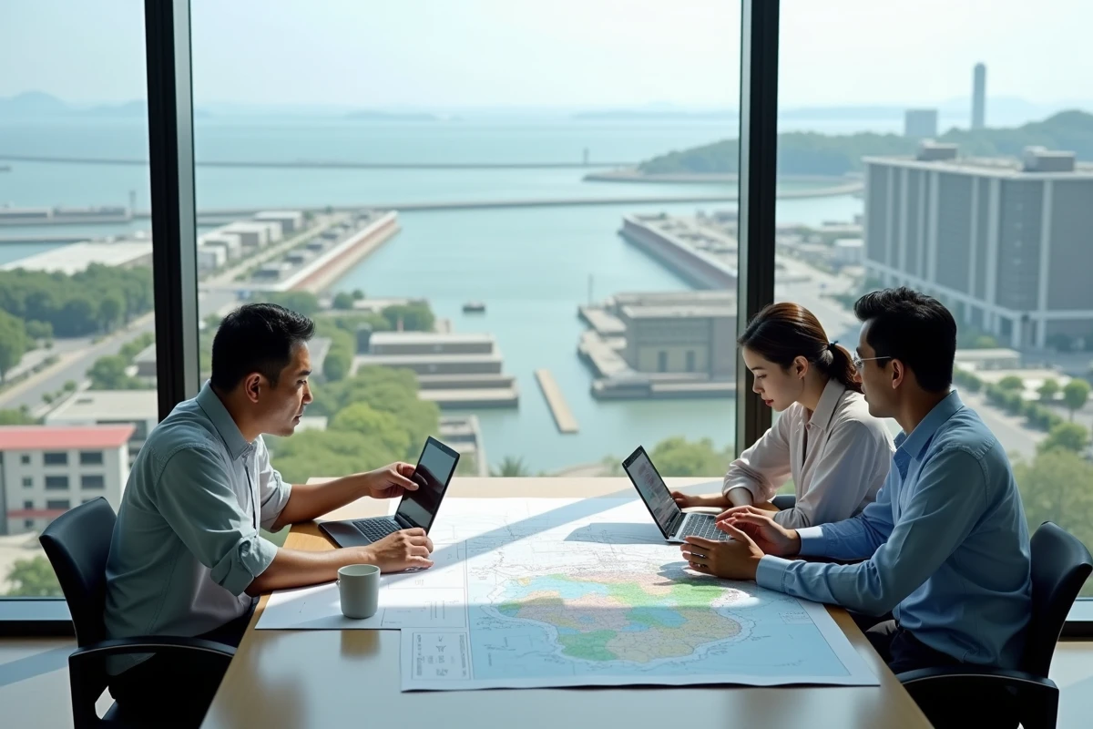 Equipe de planification urbaine discutant des defenses côtières