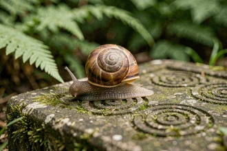 Escargot vivant sur une pierre ancienne gravée de symboles spiralés dans un jardin, évoquant la signification spirituelle de l'escargot dans les traditions anciennes