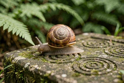 Escargot vivant sur une pierre ancienne gravée de symboles spiralés dans un jardin, évoquant la signification spirituelle de l'escargot dans les traditions anciennes