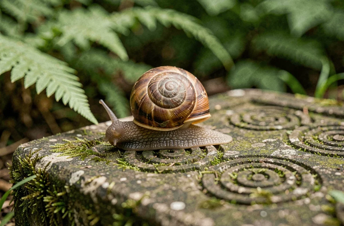 Escargot vivant sur une pierre ancienne gravée de symboles spiralés dans un jardin, évoquant la signification spirituelle de l'escargot dans les traditions anciennes