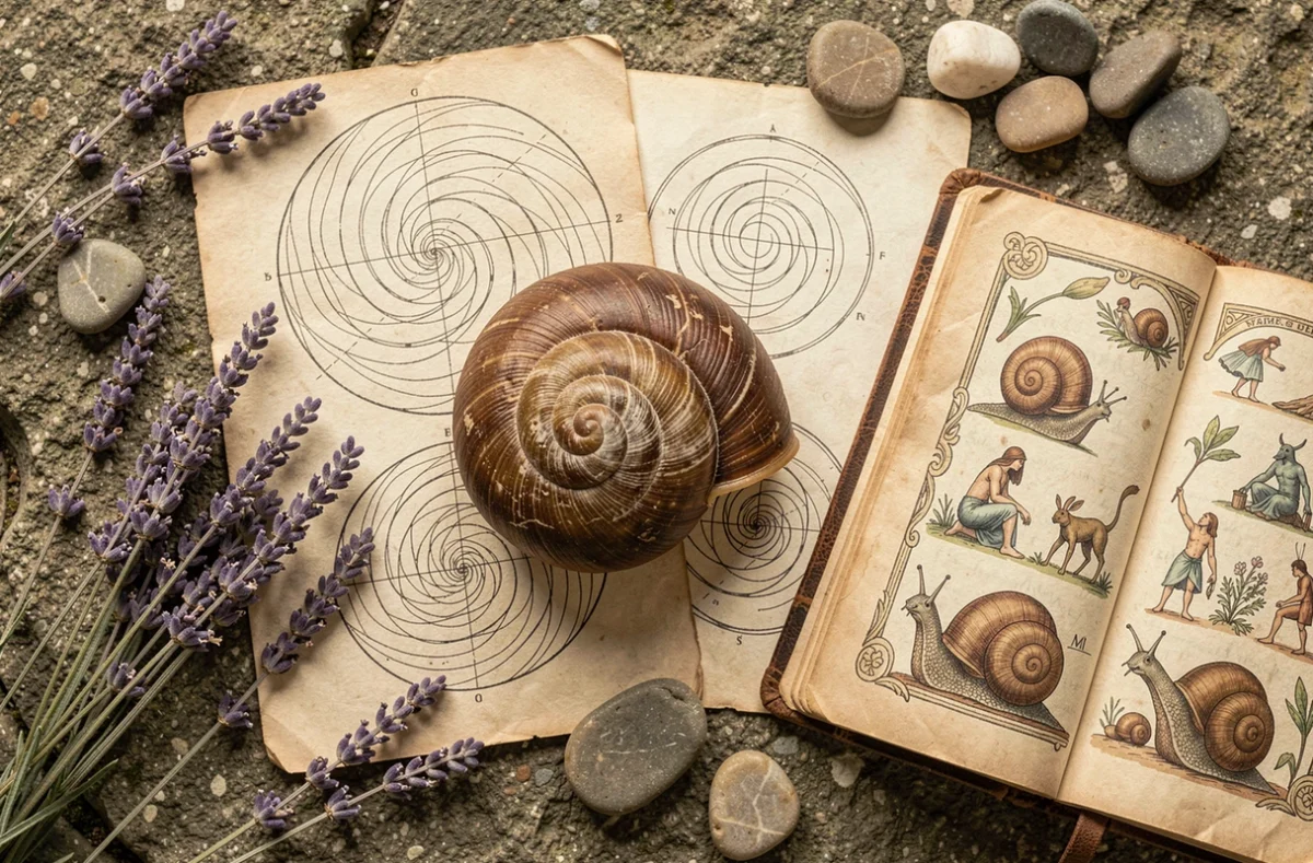 Vue de dessus d'une composition symbolique avec coquille d'escargot, dessins spiralés et livres anciens sur une surface en pierre, illustrant le patrimoine sacré et mythologique de l'escargot