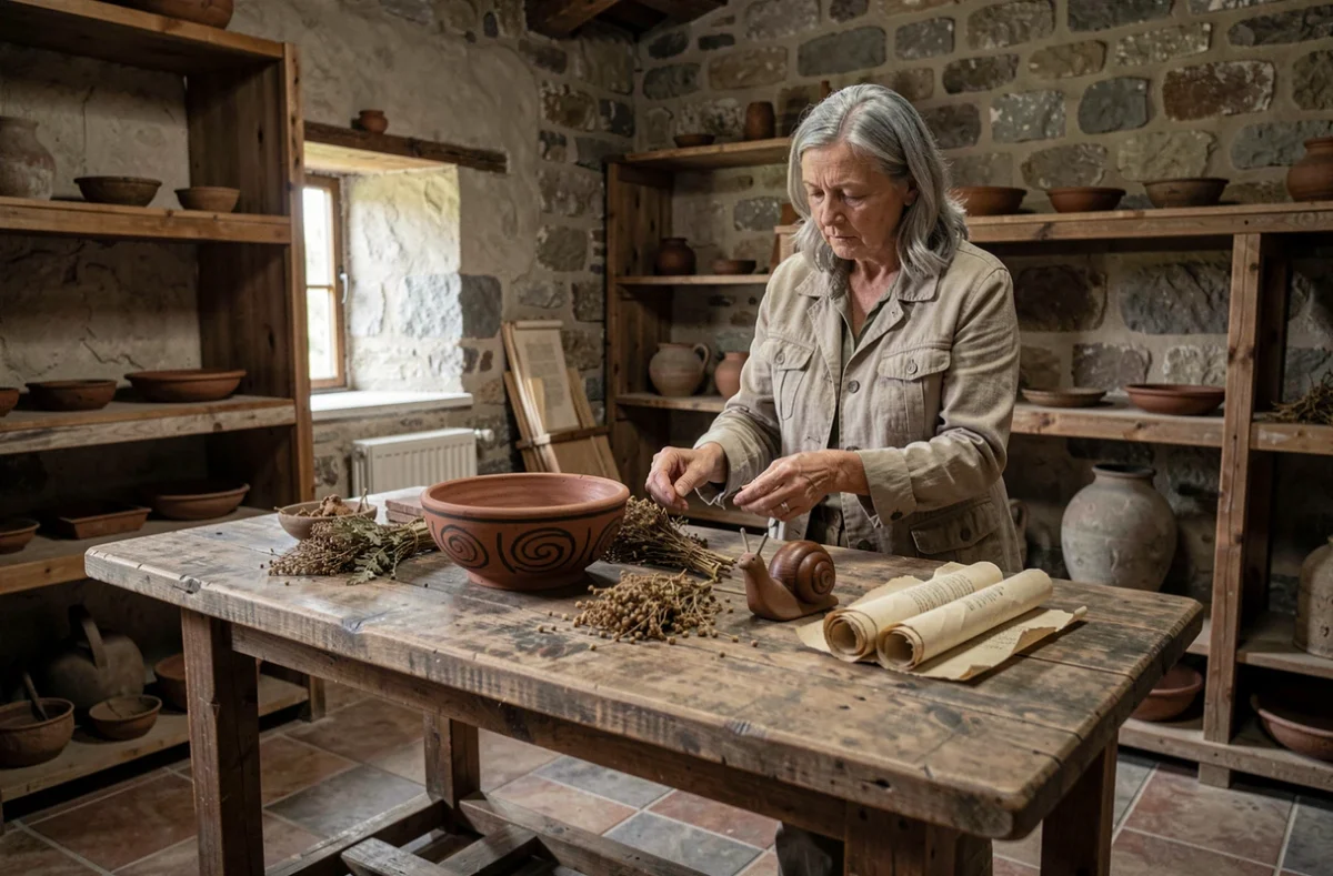 Curatrice de musée ethnographique étudiant des artefacts anciens liés au symbolisme de l'escargot et aux traditions spirituelles ancestrales