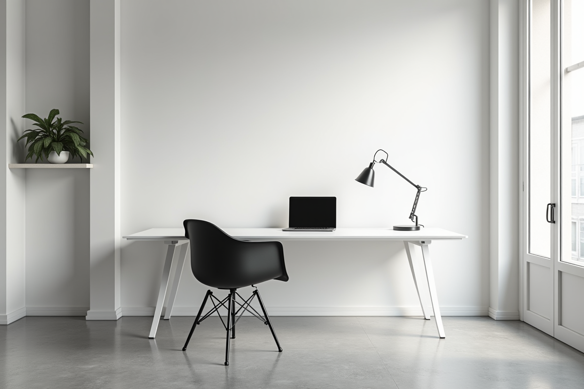 Espace de travail moderne avec bureau blanc et ordinateur portable
