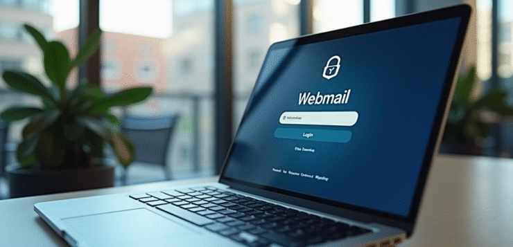 Espace de travail professionnel avec écran de webmail sécurisé