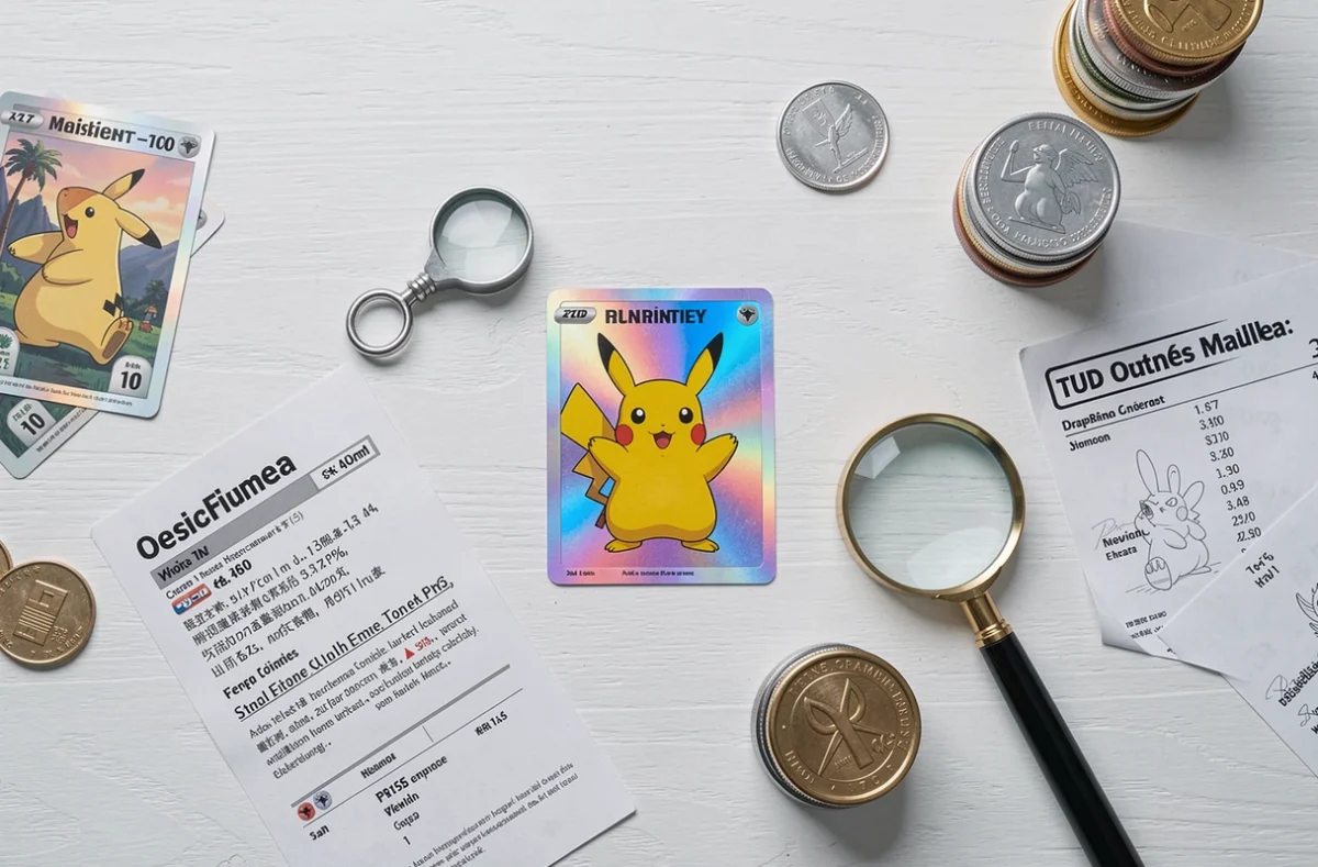 Vue aérienne d'une carte Pokémon Pikachu holographique rare posée sur une table blanche entourée d'outils d'estimation et de fiches de prix, pour illustrer la cote d'une carte Pikachu en 2026