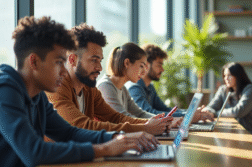 Groupe d'étudiants divers utilisant ordinateurs et smartphones dans un espace lumineux