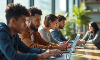 Groupe d'étudiants divers utilisant ordinateurs et smartphones dans un espace lumineux