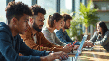 Groupe d'étudiants divers utilisant ordinateurs et smartphones dans un espace lumineux