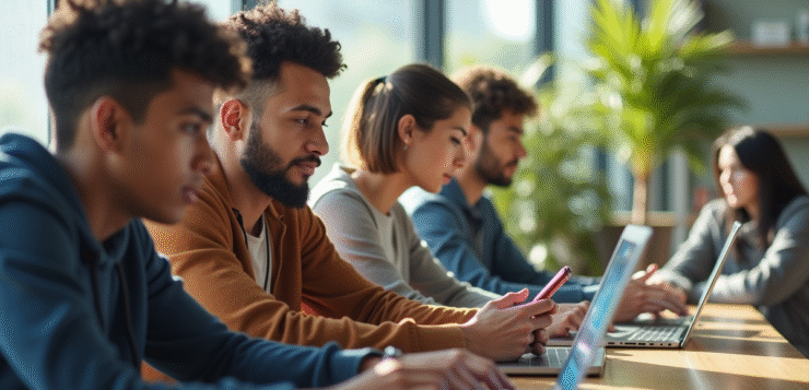 Groupe d'étudiants divers utilisant ordinateurs et smartphones dans un espace lumineux