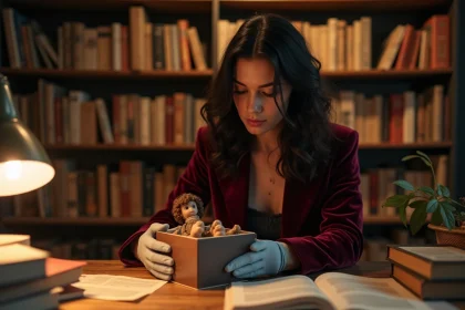 Femme examinant une édition rare de figurine Flammes Fantasmagoriques entourée de guides de référence