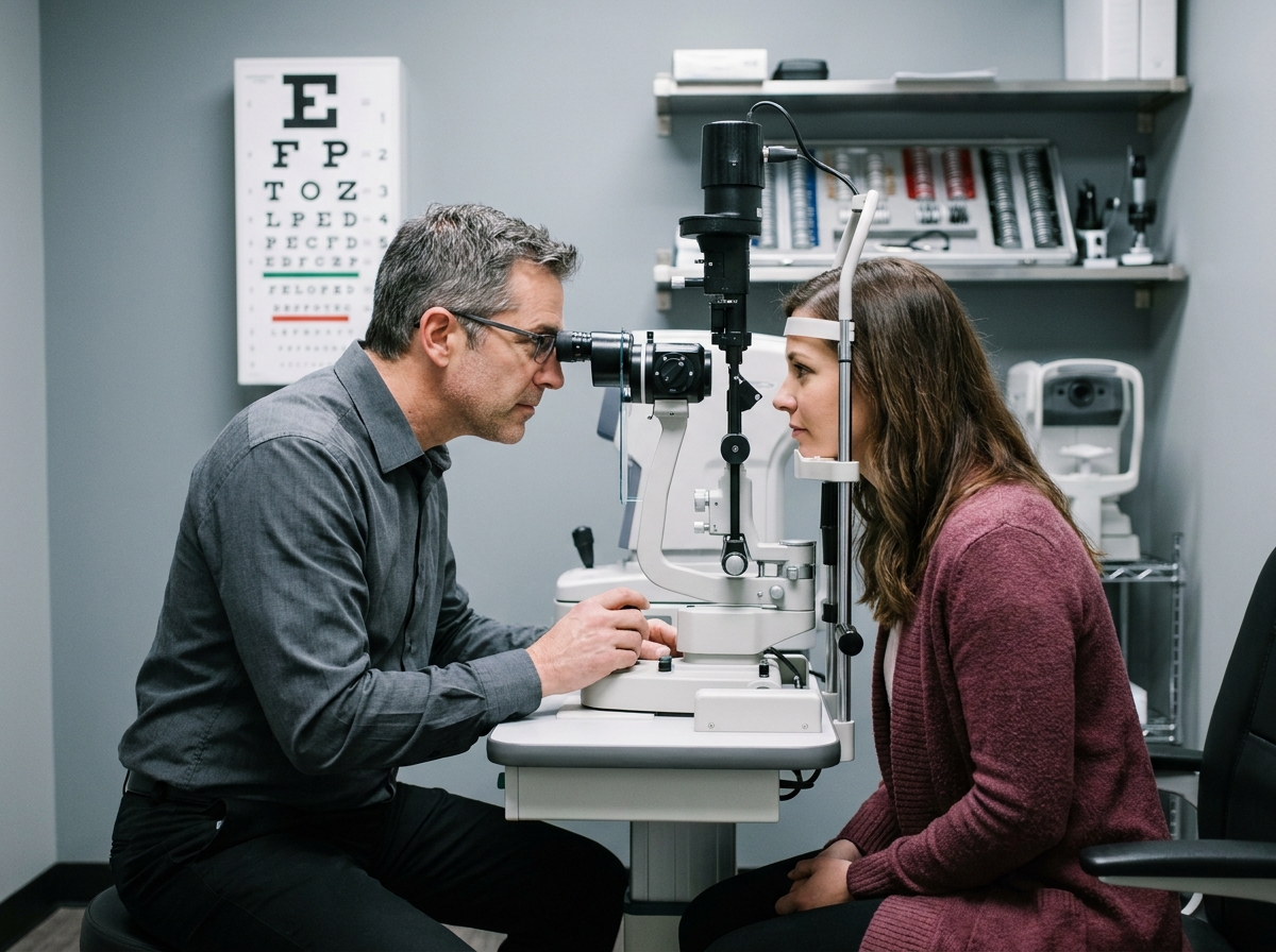 Optométriste réalisant un examen de la vue avec une patiente dans une salle d'optique équipée